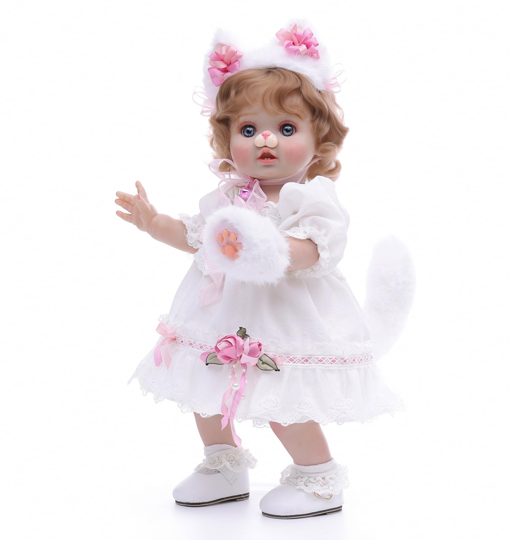 Cloveray Baby Doll  18 Inch Realistic Reborn Toddler Real Life Baby Dolls with White Lace Dress  Magnetic Cat Nose  Fluffy Paw Mitten & Tail  enhanced Collectible Gift for 3+ Year Old Girls