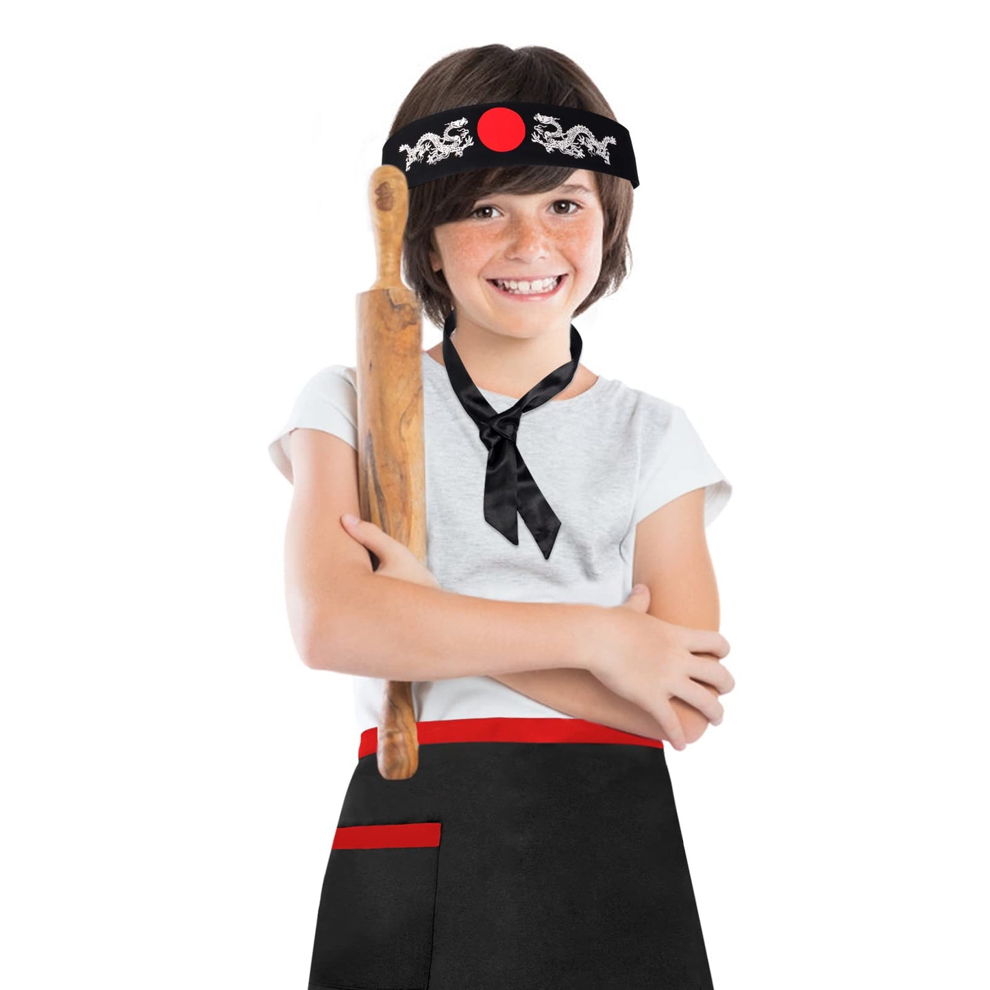 Keymall Kids Hibachi Chef Hat Teppanyaki Tall Chef Cap With Hachimaki Headband Tie Apron For Hibachi Birthday Party Costume(Blac