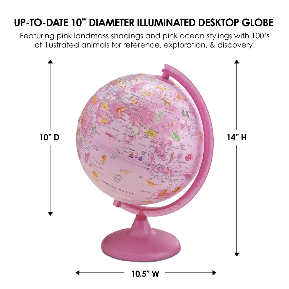 Waypoint Geographic Safari Explorer Animals Globe, World Globe, 10” Illuminated Desktop Globe With Physical Earth And 100S Of Illustrated Animals, Pink