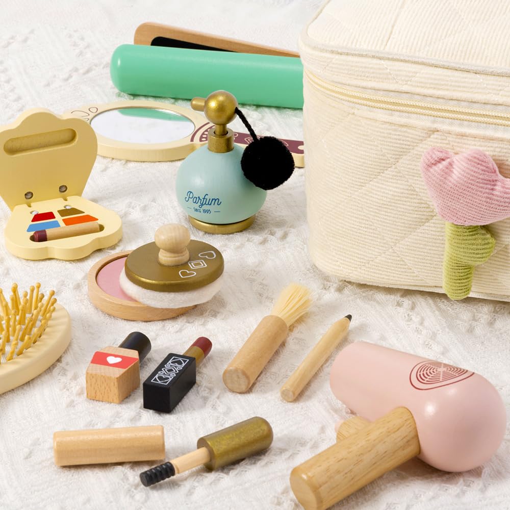 Atoylink Wooden Makeup Toy Set, 15Pcs Hair Salon Girl Toys Toddler Pretend Play Makeup Kit with Plush Makeup Bag Princess Beauty
