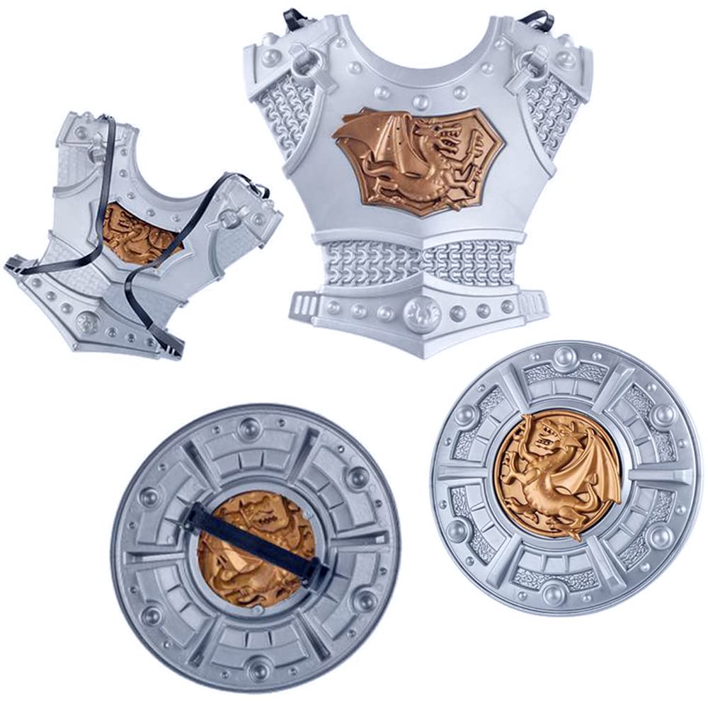Medieval Knight in Shining protective covering  Kids Crusader Pretend Role Play Plastic Costume Dress Up Cosplay with Toy decorative replica blades  Axe  Shield   & Accessories Playset