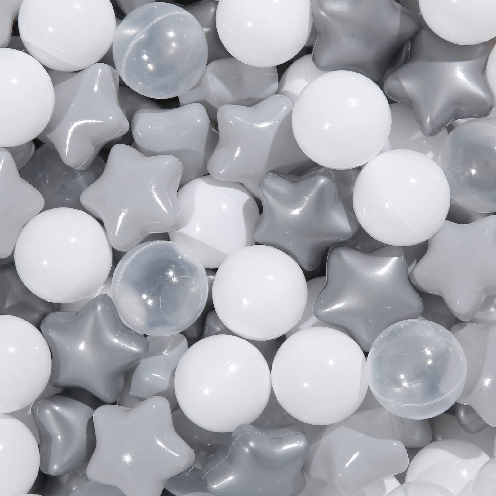 Trendplay Star Ball Pit Balls Shapes Balls For Toddler 1-3 Ball Pool Pit, Play Tent, Slide And Tunnels, Birthday Christmas Party Decoration Gift,100 Pcs,Pear Gray+Gray+White+Clear