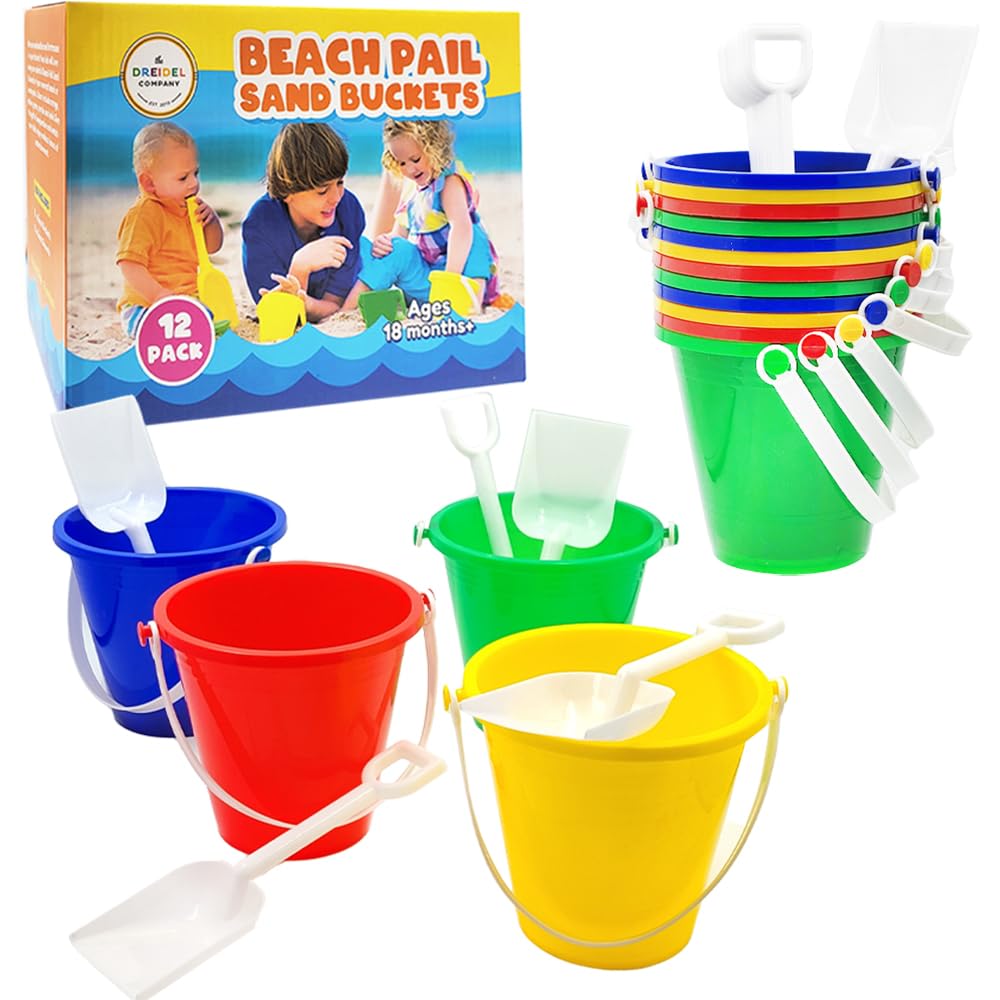 The Dreidel Company Beach Day Playsets (Pack of 12) 5.25'' Sand Bucket Play Set Box Includes, Pail & Shovel Sand Toy for Boys an