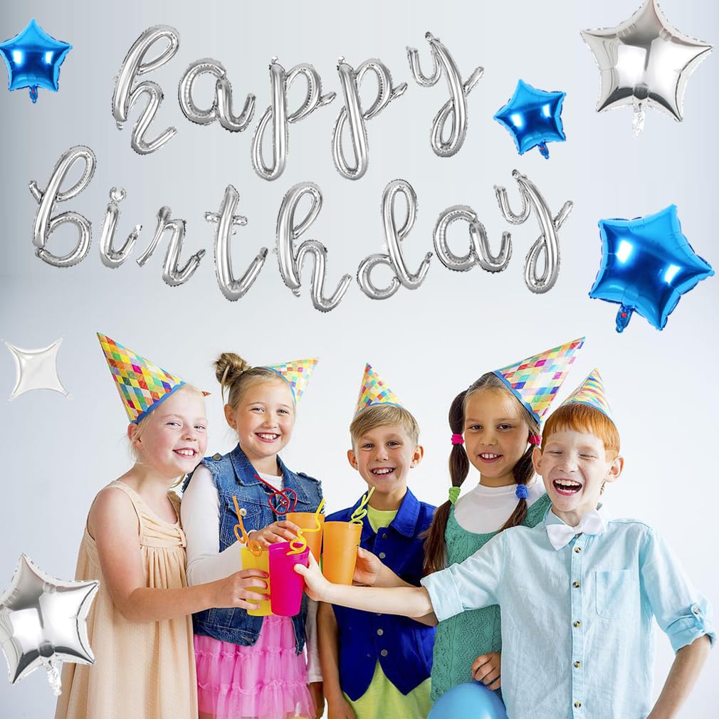 Happy Birthday Banner Script Silver Letter Sign With 12 Pcs Blue Silver Star Foil Mylar Balloon For Birthday Party Decoration
