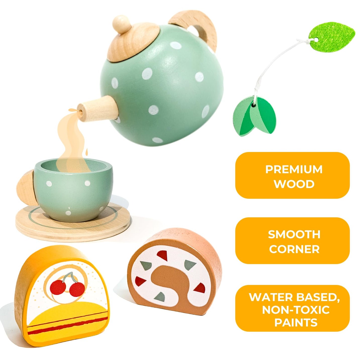 Tea Party Set for Little Girls with Cupcake Stand, Wooden Tea Set Toys for Girls Age 3 4 5 6 7 Year Old, Toddler Kids Kitchen Pr