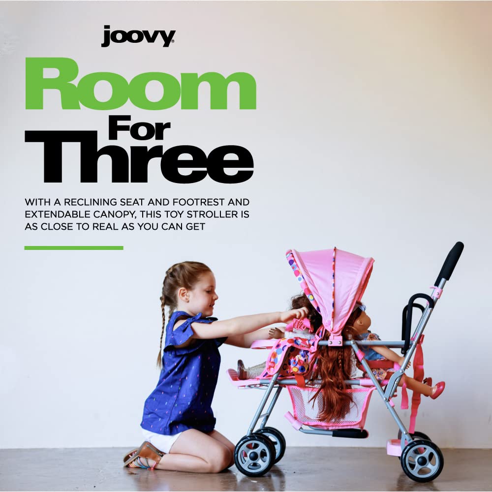 Joovy Toy Caboose Baby Doll Stroller Featuring Reclining Front Seat, Adjustable Footrest, Storage Basket, Extendable Canopy, And Snack Tray - Holds 3 Dolls (Pink Dot)