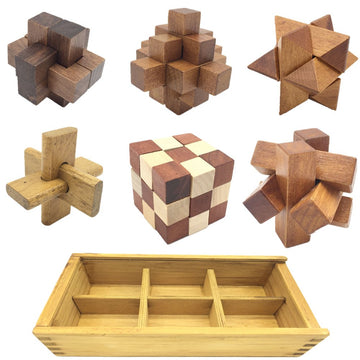 Guaishou 6-In-One 3D Luxury Wooden Brain Puzzle Teaser Kongming Lock For Teens And Adults Includes Storage Box
