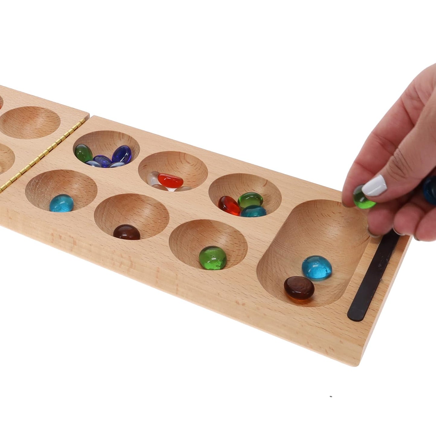 We Games Folding Mancala - Solid Wood Board & Glass Stones 18 Inches