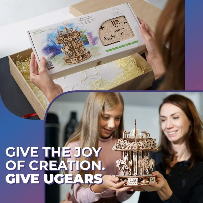 UGEARS Carousel Wooden Mechanical 3D Model Self-Assembling Craft DIY Kit mature-themed and Teens Puzzle Gift