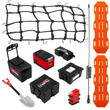 Globact 10Pcs Rc Crawler Accessories Roof Simulation Decoration Luggage Net/Fishing Box/Oil Drum/Shovel/Antennas/Recovery Board 