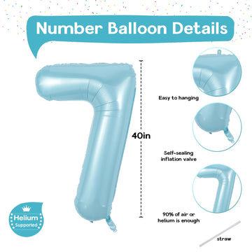 40 Inch 7Th Birthday Number Balloon, Baby Blue Foil Giant Self Inflating 7 Balloons, Mylar Light Sky Blue Helium Number 7 Balloo