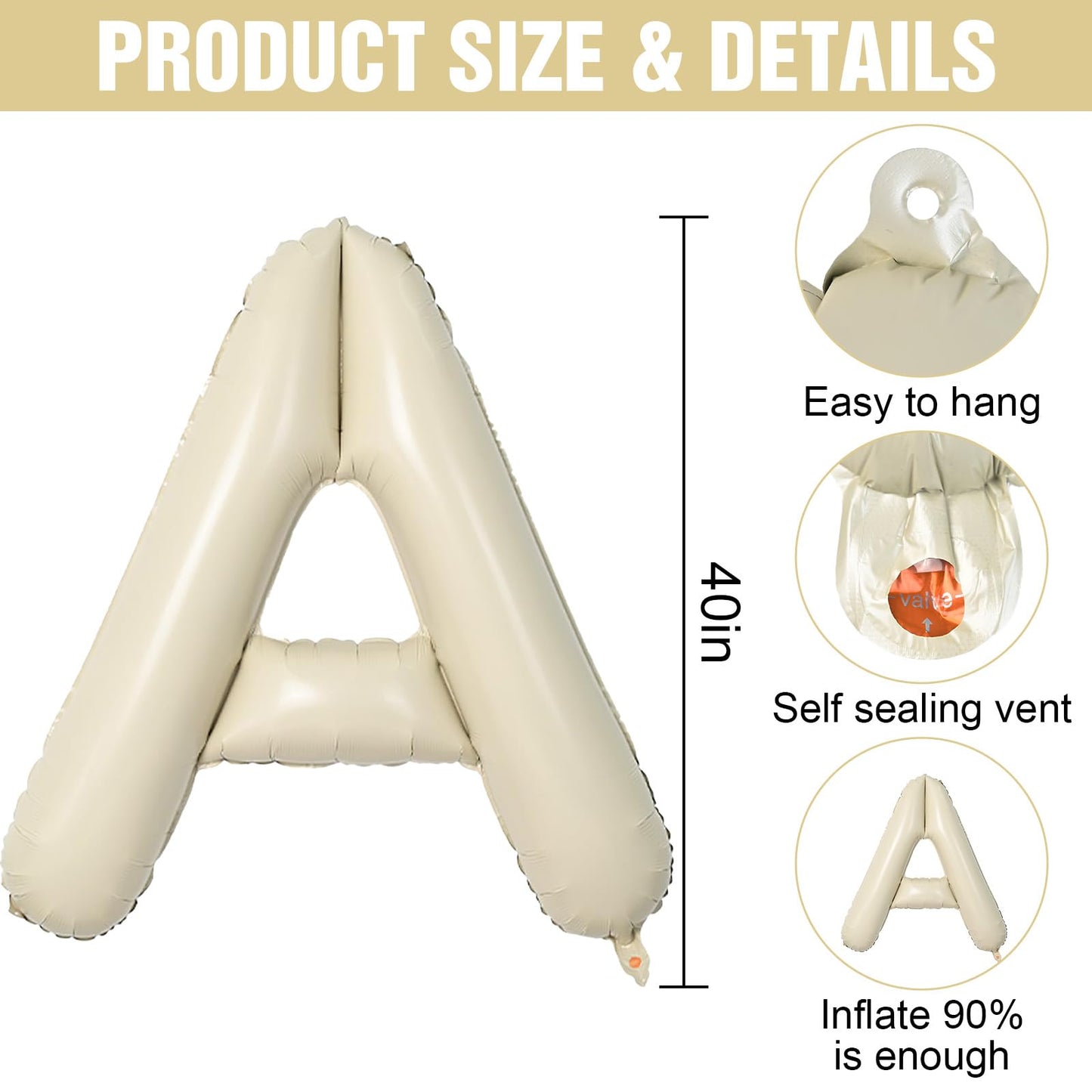 Letter Balloons Beige,40 Inch Letter A Balloons,A-Z Alphabet Name Foil Balloons,Big Single Cream Aluminum A Word Balloons Helium