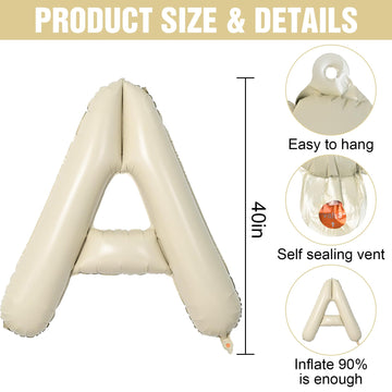 Letter Balloons Beige,40 Inch Letter A Balloons,A-Z Alphabet Name Foil Balloons,Big Single Cream Aluminum A Word Balloons Helium