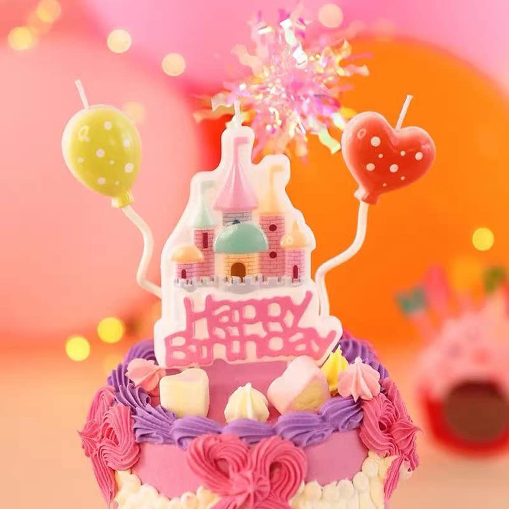 Castle Happy Birthday Candle Set,Fairy Tale Theme Baby Kids Children Happy Birthday Candles,Party Supplies,Cake Decoration (Pink