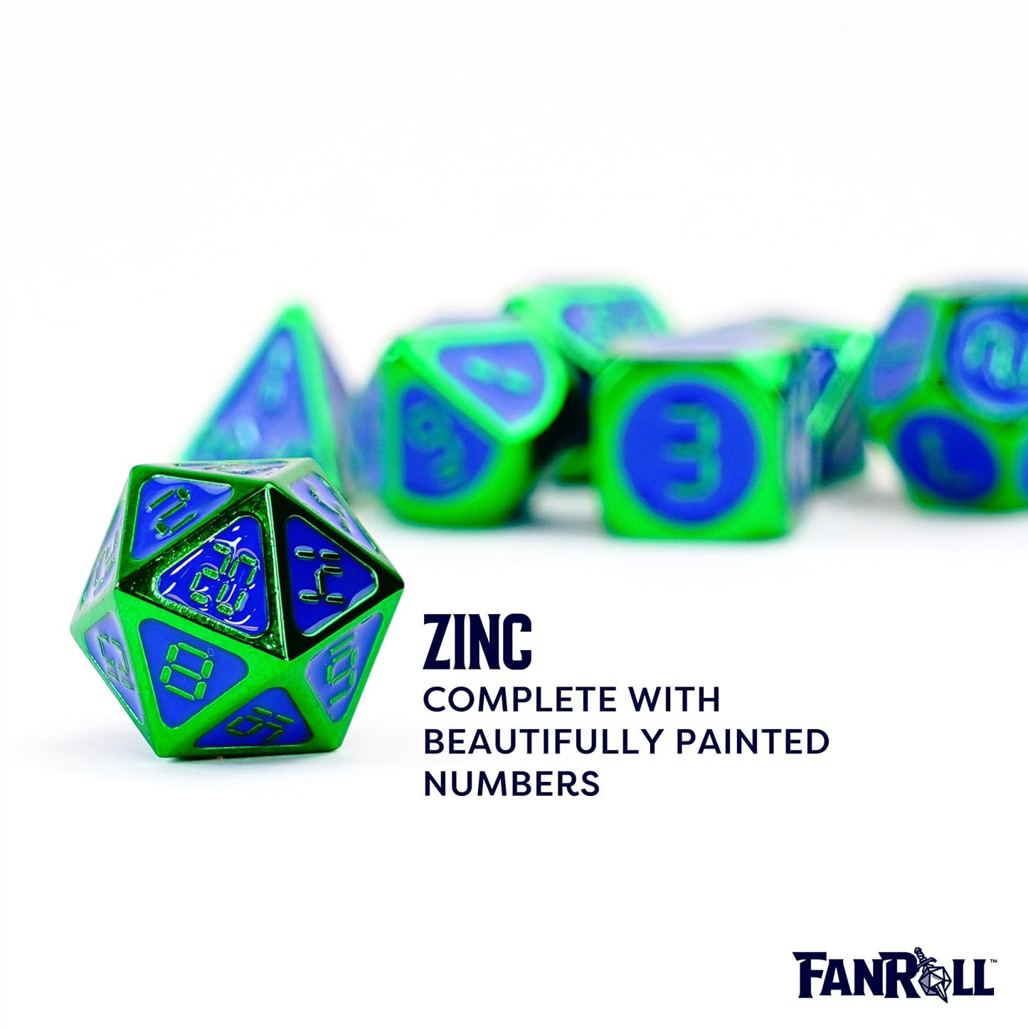FanRoll by Metallic Dice Games 16mm Metal Polyhedral DND Dice Set: Green w/Blue Enamel, Role Playing Game Dice for Dungeons and