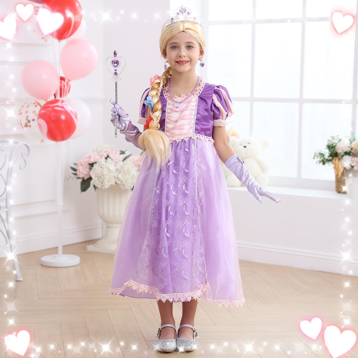 Luzlen Purple Princess Costume for Girls Toddler Rapunzel Dress with Wig Halloween Birthday Party Outfit for Kids, 2-3 Years(Lab