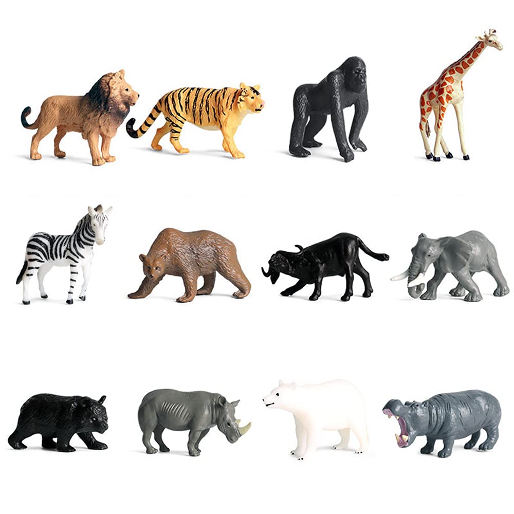 12 Pcs Realistic Small Wild Animal Figures, Plastic Safari Animal Figurines Educational Science Project Model Playset With Tiger Lion Giraffe Orangutan Zebra Bear Buffalo Elephant Rhinoceros Hippo