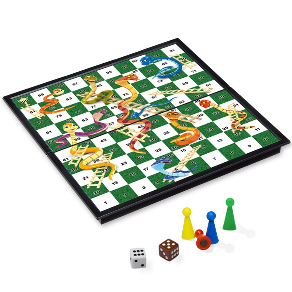 Kokosun Snakes And Ladders Board Game Set, Magnetic Folding Travel Game, Family Fun Toys/Gift For Kids And Adults (Right Angled Style-2)