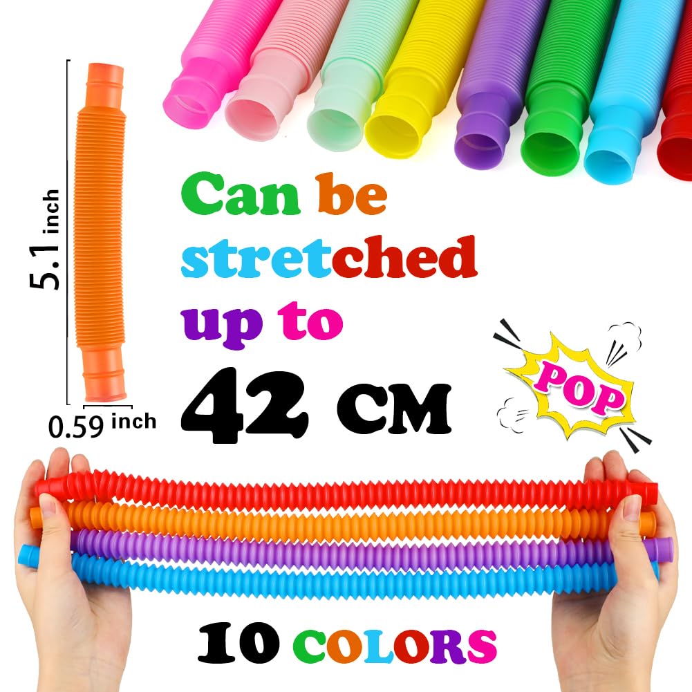Siwarm 52 Pack Pop Tubes - Sensory Fidget Toys for Kids, Small, 10 Colors, Ideal for Anxiety Relief and Classroom Prizes
