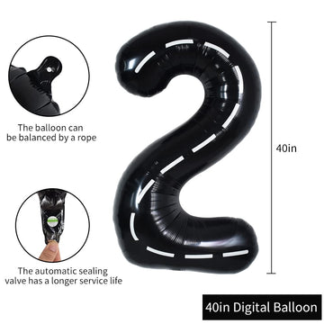 Toniful Race Car Black Balloons Car Birthday Party Supplies,40 Inch Giant Jumbo Helium Foil Mylar Big Number 2 Digital 2 Balloon