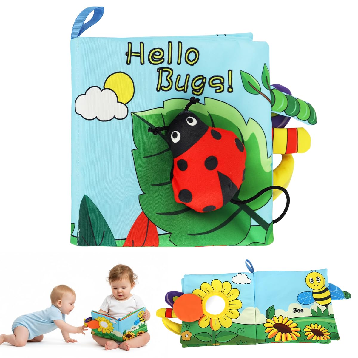 Snowie Soft Baby Cloth Book Cute 3D Tailed Cartoon Hello Bug Themed Squeaky Cloth Sensory Book Toy With Hanging Loop, Colorful B