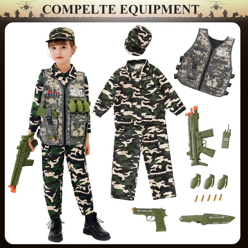 Udekit Army Uniform Cosplay Costume Soldier Outfits With Clothes, Tatical Vest And Other Toys Acessories For Kids 6Y To 8Y