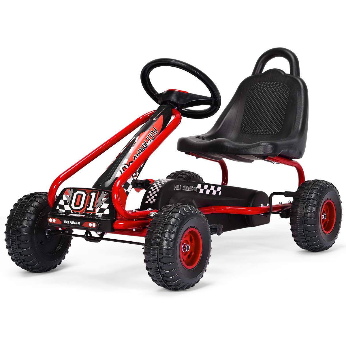 Costzon Go Kart For Kids, 4 Wheel Pedal Powered Go Cart With Adjustable Seat, Handbrake & Non-Slip Wheels, Outdoor Racer Ride On Pedal Car, Gift For Boys Girls (Red)