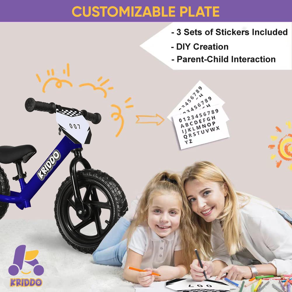 KRIDDO Toddler Balance Bike, 12" Push Bicycle, Ages 18 Months to 5 Years, Blue, Carbon Steel, Model KB002-BLUE, Customizable Stickers Included