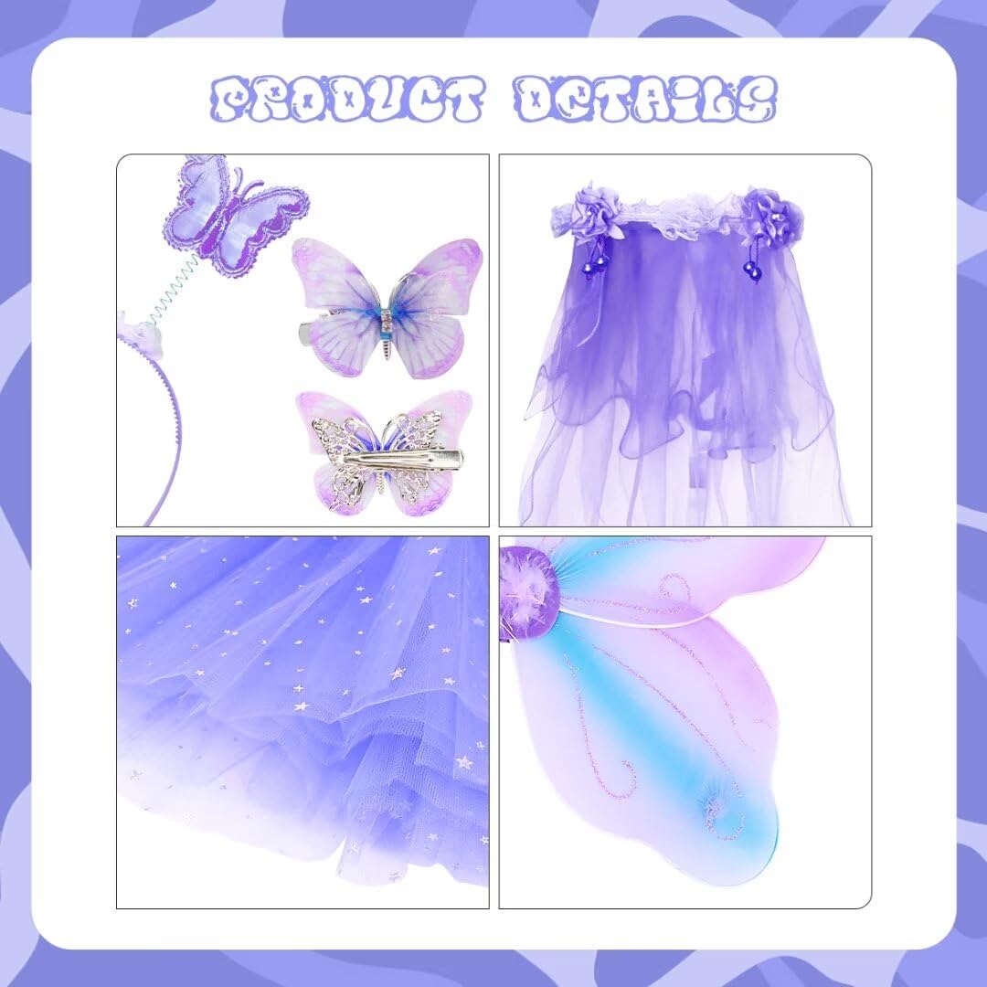 Wildparty Girl Fairy Costume Set With Butterfly Wings, Tutu, Butterfly Hair Clips, Magic Wand, Headband And Veil Costume Set For 3-8 Years Girl Dress Up And Birthday Party Ballet Dance (Purple)