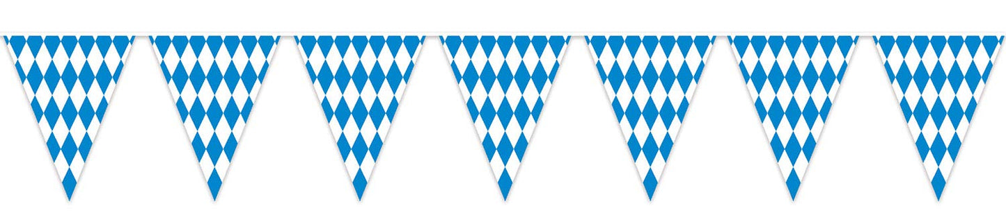 Beistle Plastic Oktoberfest Bavarian Pennant Banner for German Theme Party Supplies, 11 x 12, Blue/White