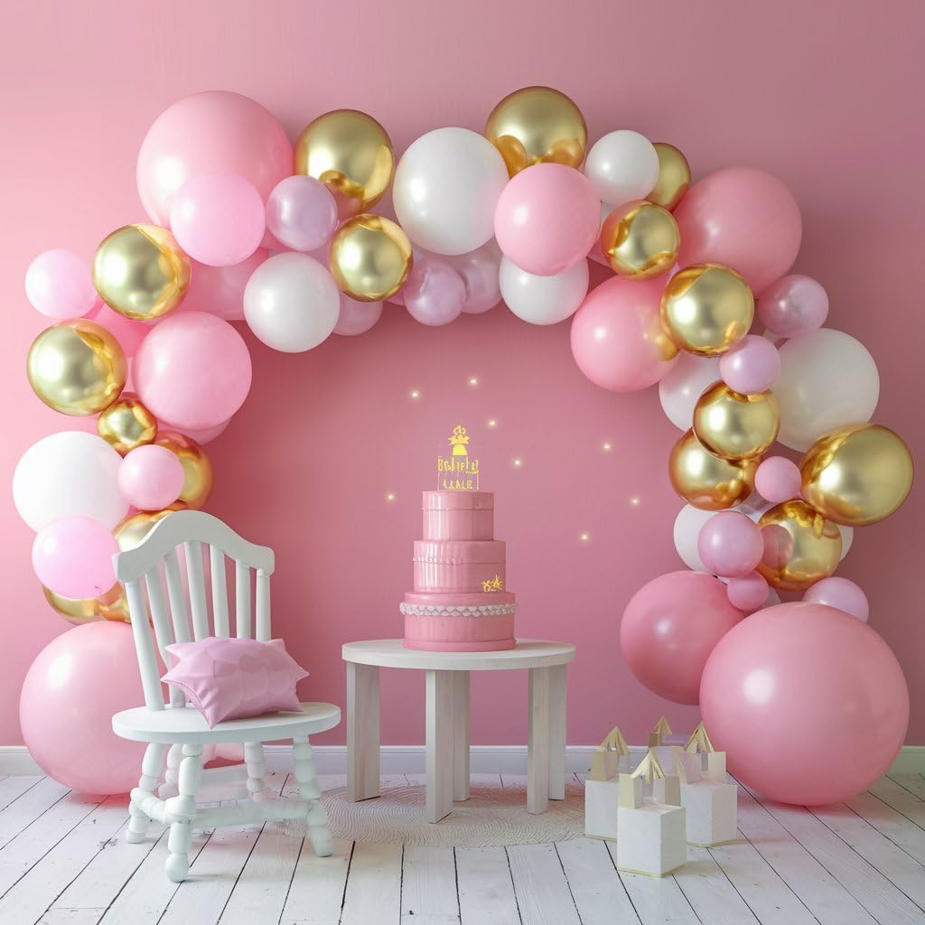 Funhot Pink And Gold Balloons, 60Pcs Retro Pink White Balloons, 12 Inch Metallic Gold Confetti Balloons Helium Light Pink Latex