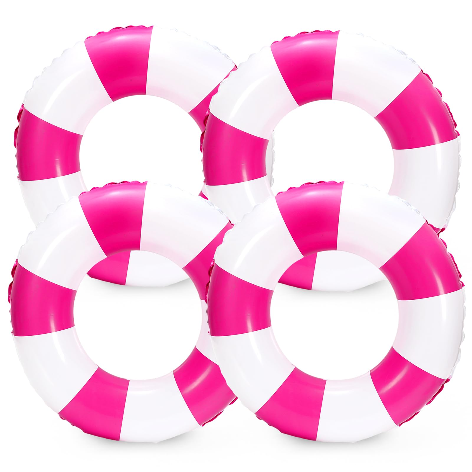 Whaline 4Pcs White Hot Pink Inflatable Swimming Float Toy Striped Swim Ring Fun Print Pool Lounger Tube for Teen Boy Girl Summer Swimming Beach Party  22.8 Inch