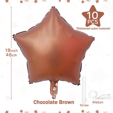 Chocolate Brown Star Balloons 18 Inch, 10 Pcs Chocolate Star Shaped Mylar Helium Foil Metallic Balloon For Birthday Party Decora