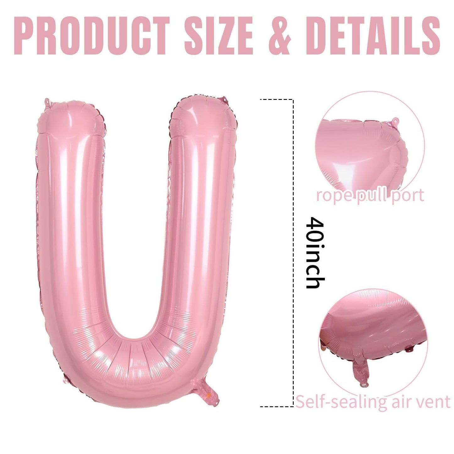 40 Inch Pink Letter Balloons, Large U Letter Balloons Foil Helium Balloons, Mylar Big Single Alphabet U Balloons, Pink Balloon L