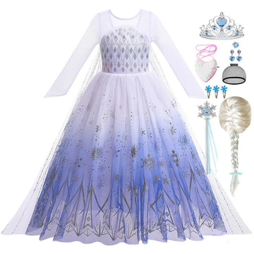 Luzlen Girls Princess Costume Kids Elsa Dress Up Outfit Halloween Birthday Party White Cosplay Dress With Wig Accessories,6-7 Years(Label 140)