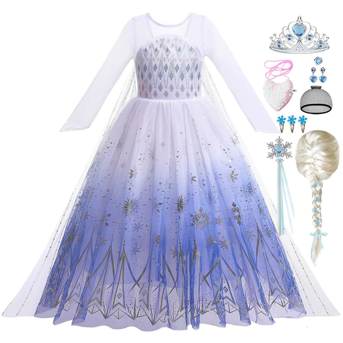 Luzlen Girls Princess Costume Kids Elsa Dress Up Outfit Halloween Birthday Party White Cosplay Dress With Wig Accessories,4-5 Years(Label 120)