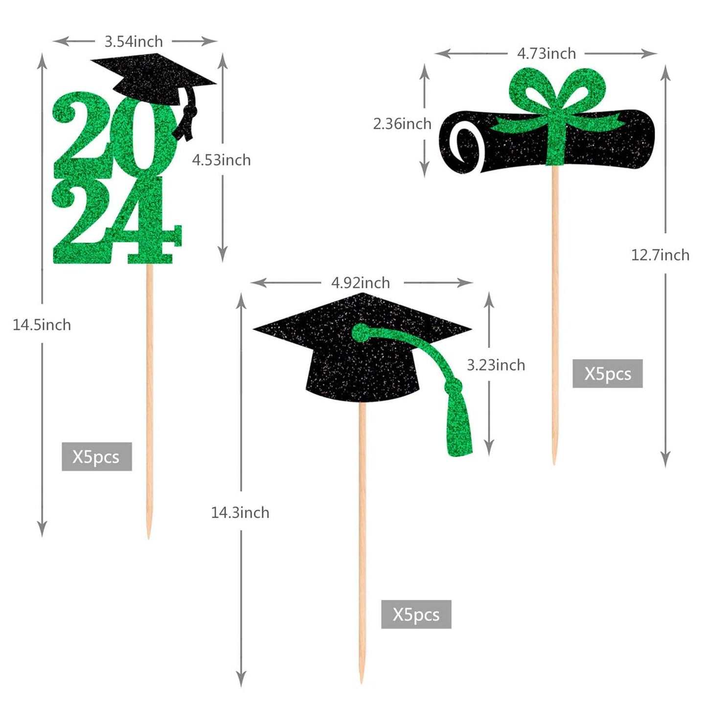 Alissar 15-Pack Double Sided Glitter 2024 Graduation Party Centerpiece Sticks Green- Table Toppers For 2024 Graduation Party Dec