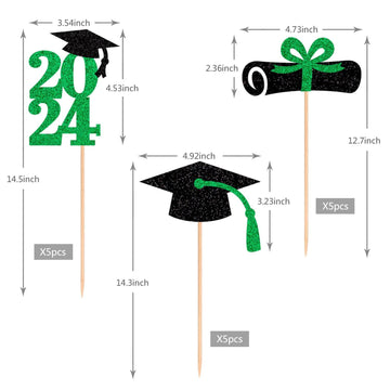 Alissar 15-Pack Double Sided Glitter 2024 Graduation Party Centerpiece Sticks Green- Table Toppers For 2024 Graduation Party Dec