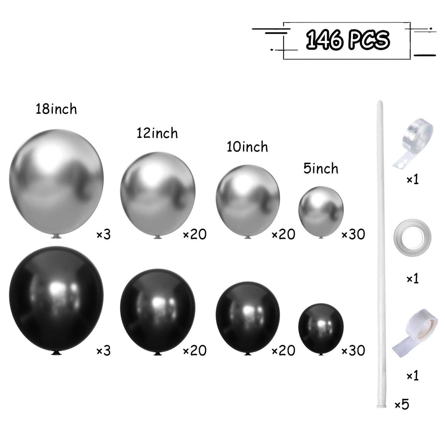 MEBAY Black Silver Balloons Garland Arch Kit, 146Pcs Latex Balloons, 18-5 Inch for Party, Wedding, Birthday Decorations