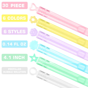 30 Pack Mini Bubble Wands(6 Style, 6 Colors), Bulk Bubble Party Favors, Goody Bags for Kid, Great Summer Outdoor Indoor Toys Gif