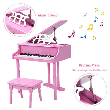 Goplus 30-Key Classical Kids Piano, Mini Grand Piano Wooden Learn-To-Play Musical Instrument Toy With Bench, Piano Lid, Music Rack, Gift For Boys Girls Aged 2+ Baby Tollder (3 Straight Leg-Pink)