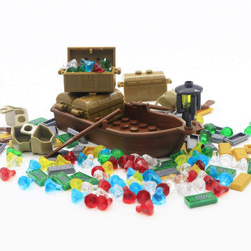 Brotex Pirate Accessories Money - Treasure Chest Building Block Bricks Pack, Money Gold Bar, Gems Diamonds, Jewels With Pirate Boat Ship People Parts, Building Bricks Set