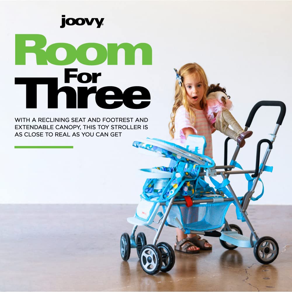 Joovy Toy Caboose Baby Doll Stroller Featuring Reclining Front Seat, Adjustable Footrest, Storage Basket, Extendable Canopy, And Snack Tray - Holds 3 Dolls (Blue Dot)