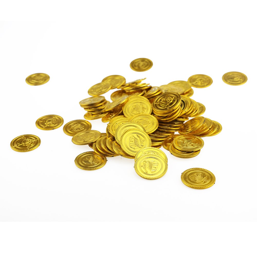 Wankko 100PCS Pirate Gold Coins Plastic Play Gold Treasure Coins for Play Favor Party Supplies