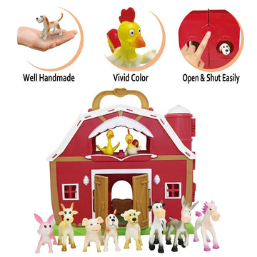 Bolzra Big Red Barn Farm Figures Animals Toys For Toddlers, Cute Farm Figurines, Fence And Farmer Vehicle Toy Truck Pretend Farm Playset For 3+ Years Old Kids Girls Boys Educational Learning Toys