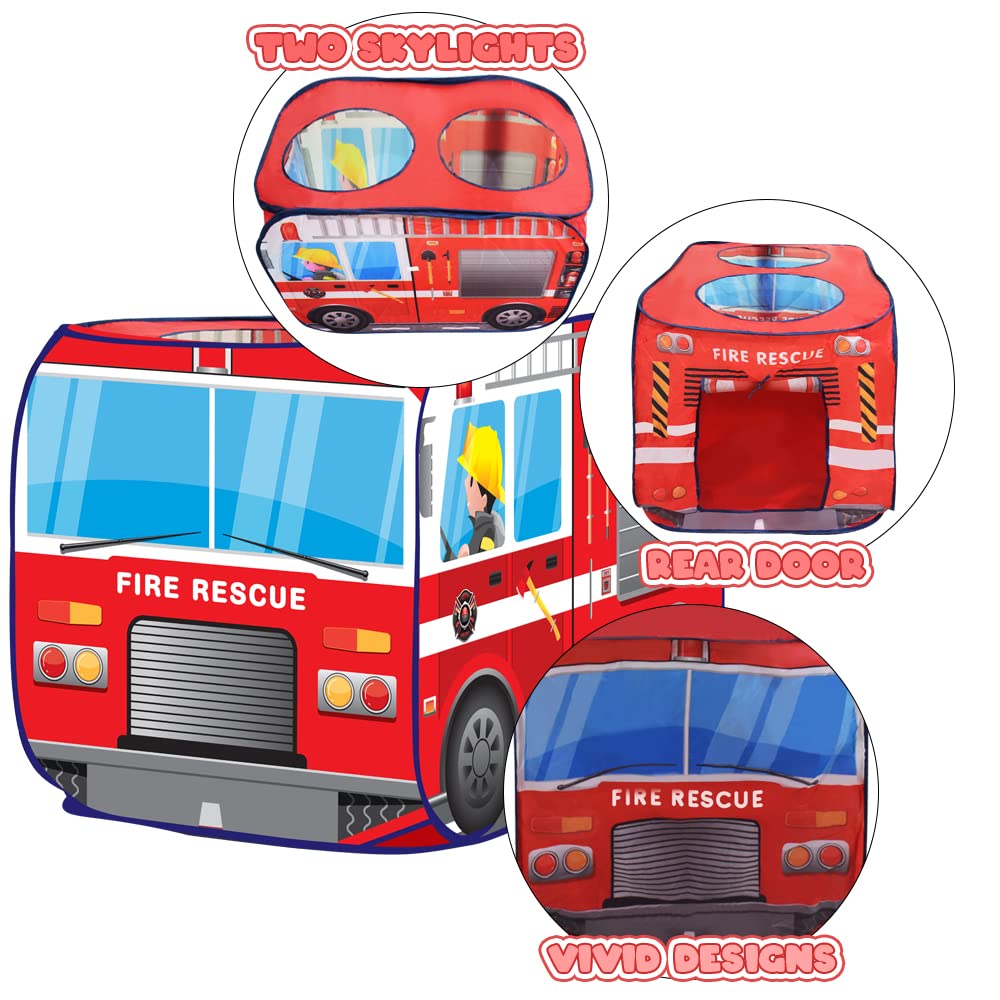 Artcreativity Fire Truck Tent With Carry Bag, Pop Up Indoor Tent For Kids - Fire Truck Pop Up Tent, Indoor Playhouse With 2 Openings, Flat-Folding For Compact Storage, 43.5 X 28 X 26.5 Inches