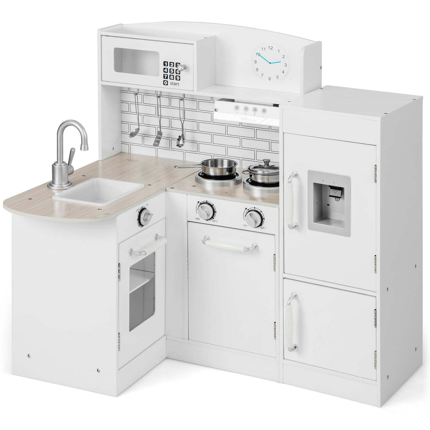 Costzon Kids Corner Kitchen Playset, 8-In-1 Wooden Play Kitchen Toy Set W/Realistic Microwave, Oven, Stove, Refrigerator, Water