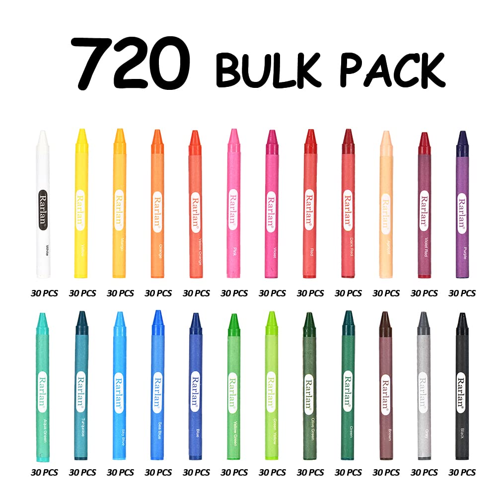 Rarlan Crayons Bulk - 30 Packs of 24 Assorted Colors, 720 Count Wax Crayons, Model RL-LB-24720