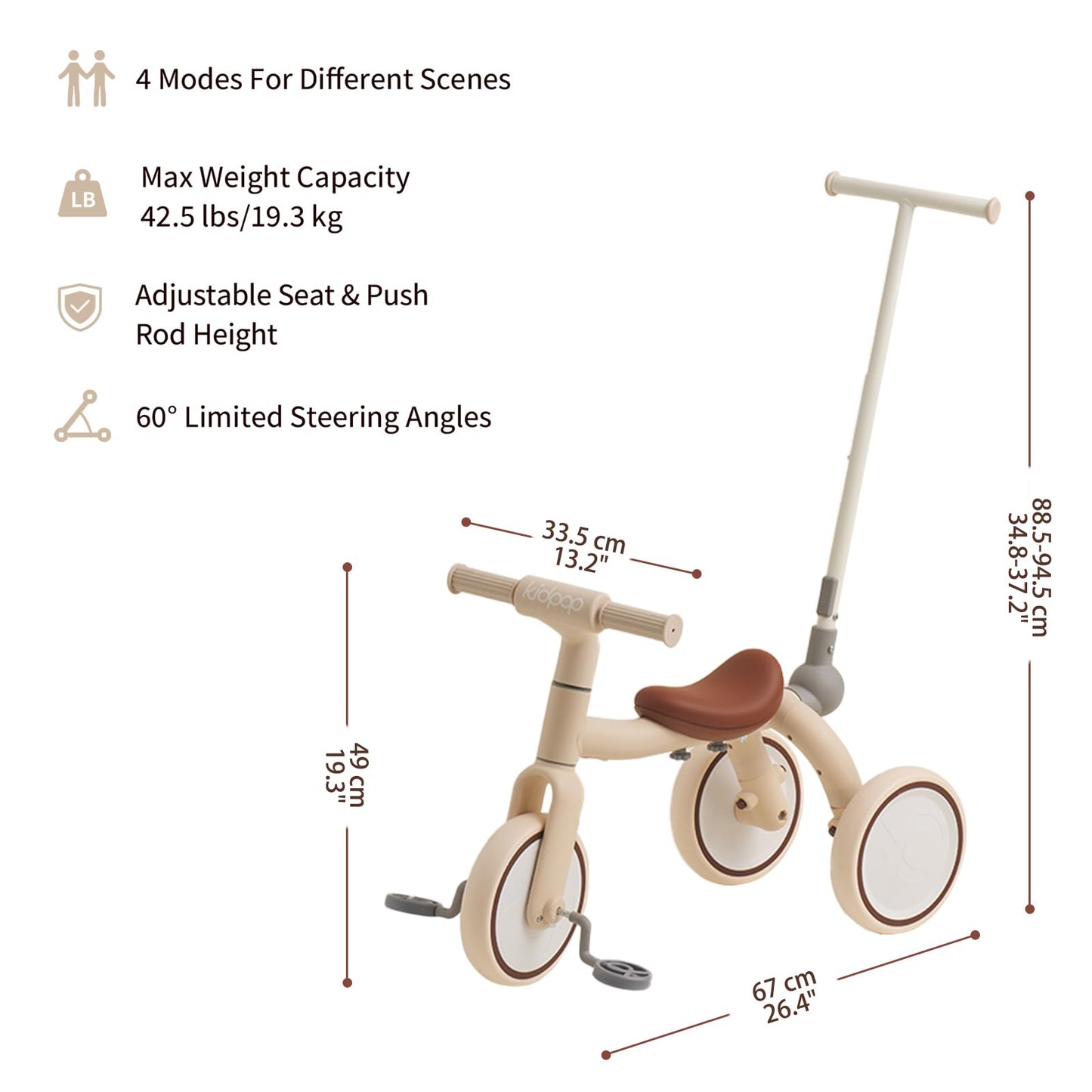 kidpop 4-in-1 Toddler Tricycle - Adjustable Push Handle, Removable Pedals, Small, Beige, Model KPA3007E