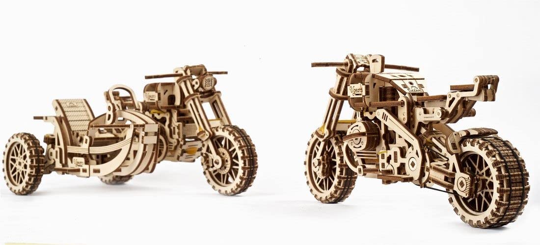 UGEARS Motorcycle with Sidecar Scrambler UGR-10 - Mechanical 3D Wooden Puzzles for mature-themeds - DIY Model Kits for mature-themeds with Moving Engine - Collectible Moto 3D Puzzle Model Kit - 380 Pcs